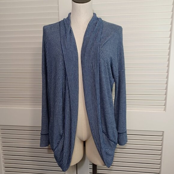 Sundry Cardigan Navy Striped Knit Open Front Cocoon Style Womens Small - Picture 2 of 12